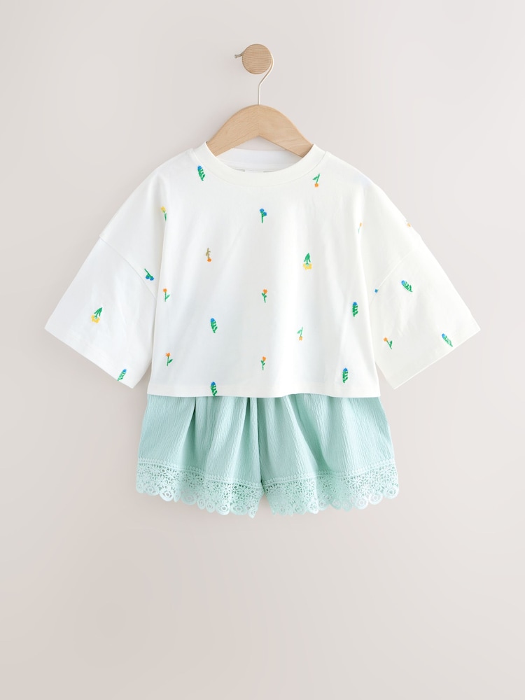 White Floral/Blue - Комплект футболки та фактурних шортів (3-16років) - Image 1 of 6