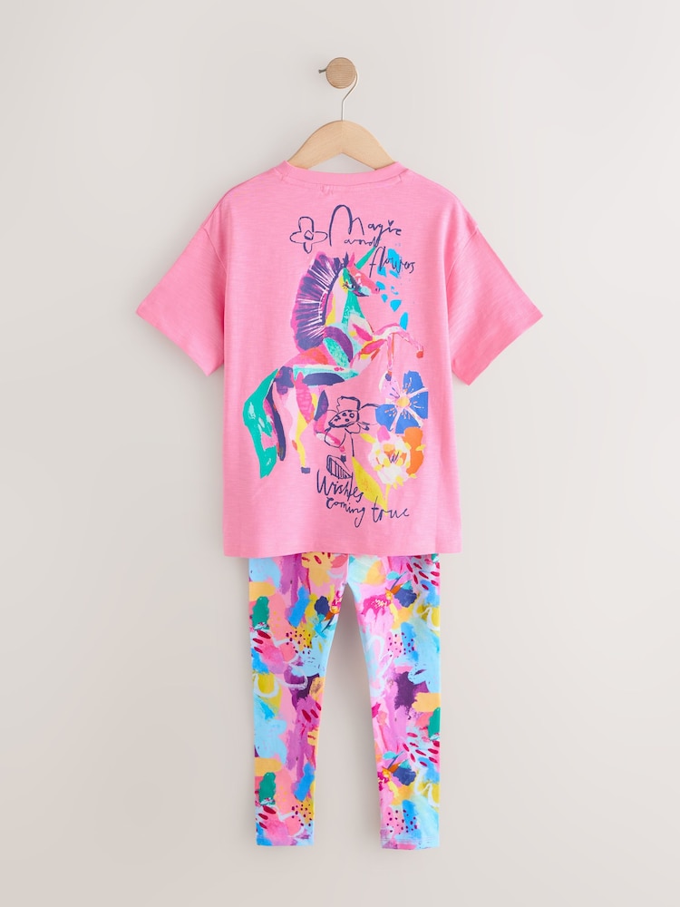 Pink Floral Unicorn T-Shirt and Leggings Set (3-16yrs) - Image 2 of 5