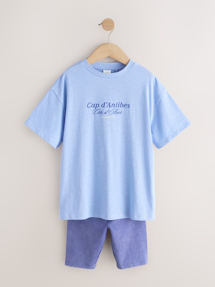 Blue Slogan T-Shirt and Cycle Shorts Set (3-16yrs) - Image 1 of 6