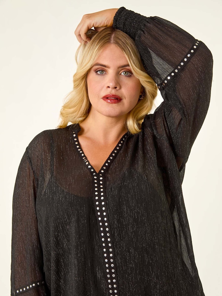 Roman Black Curve Shimmer Chiffon Blouse - Image 1 of 5