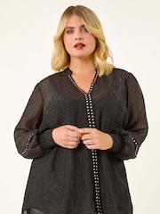 Roman Black Curve Shimmer Chiffon Blouse - Image 4 of 5
