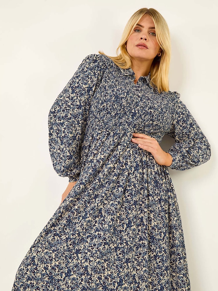 Roman Blue Curve Abstract Print Shirred Midi Dress - Image 1 of 5 Roman Blue Curve Abstract Print Shirred Midi Dress - Image 1 of 5