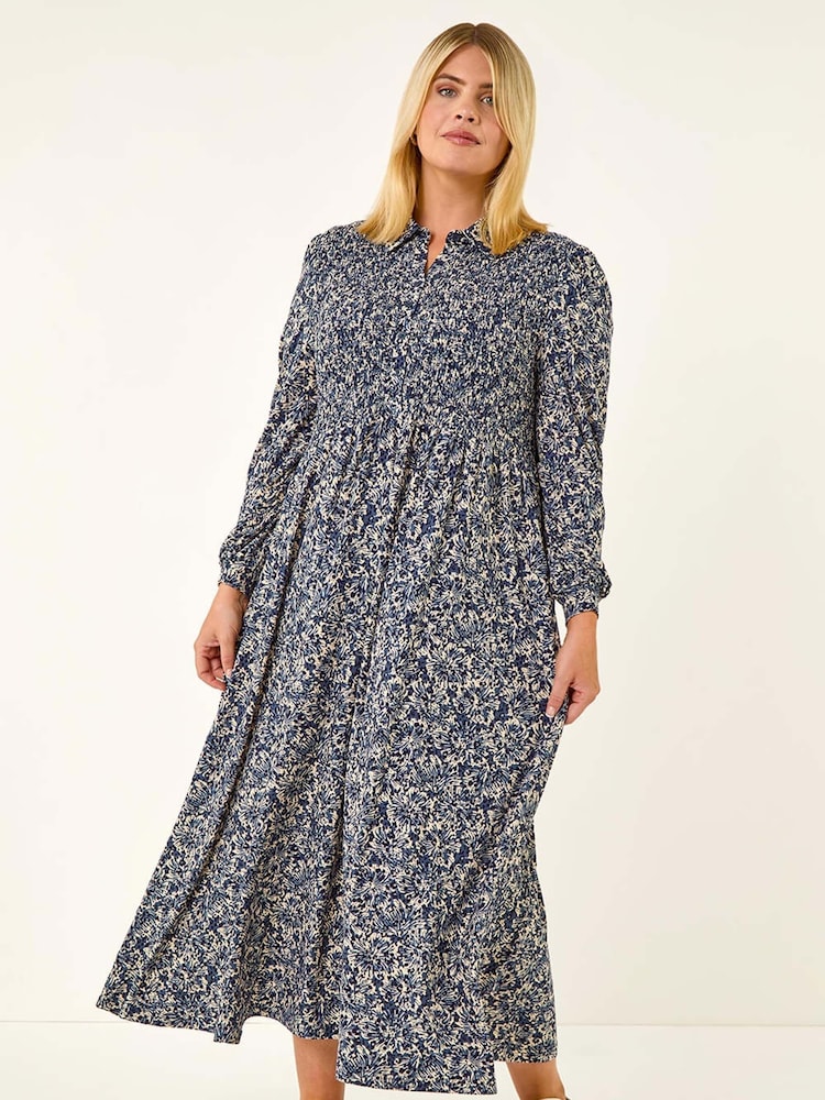 Roman Blue Curve Abstract Print Shirred Midi Dress - Image 2 of 5 Roman Blue Curve Abstract Print Shirred Midi Dress - Image 2 of 5