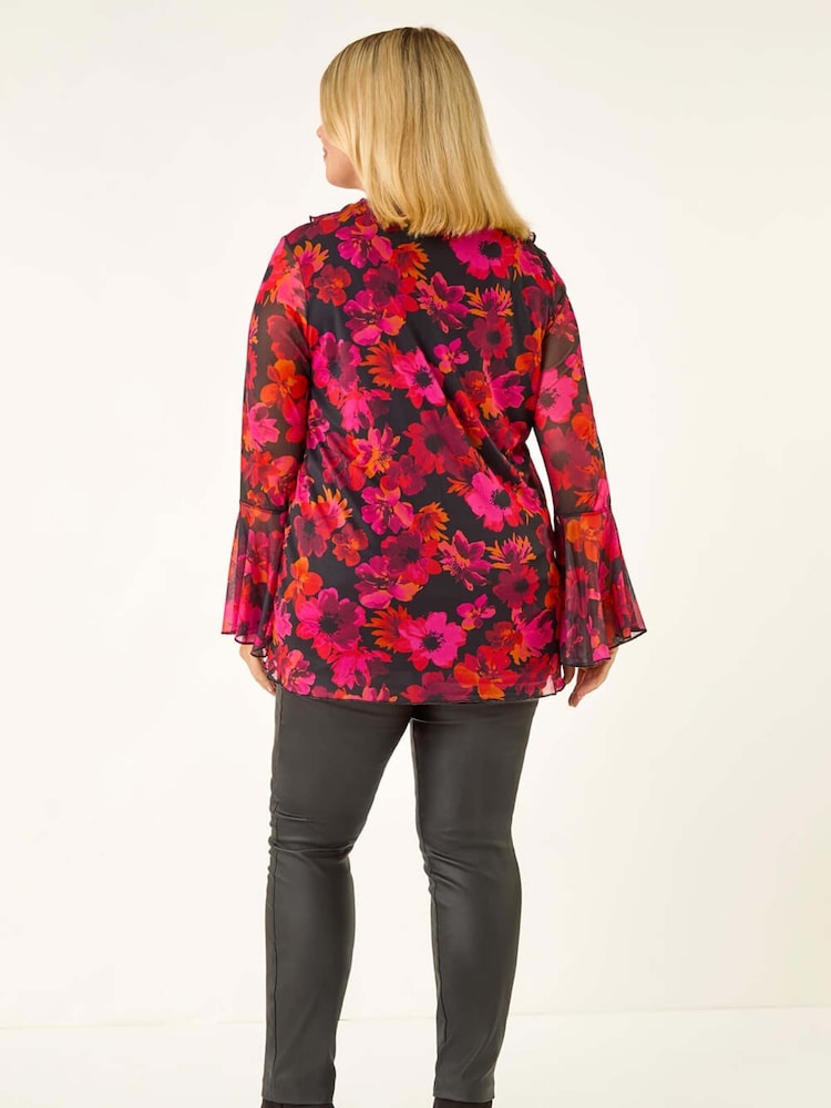 Roman Pink Curve Floral Ruffle Mesh Blouse - Image 2 of 5