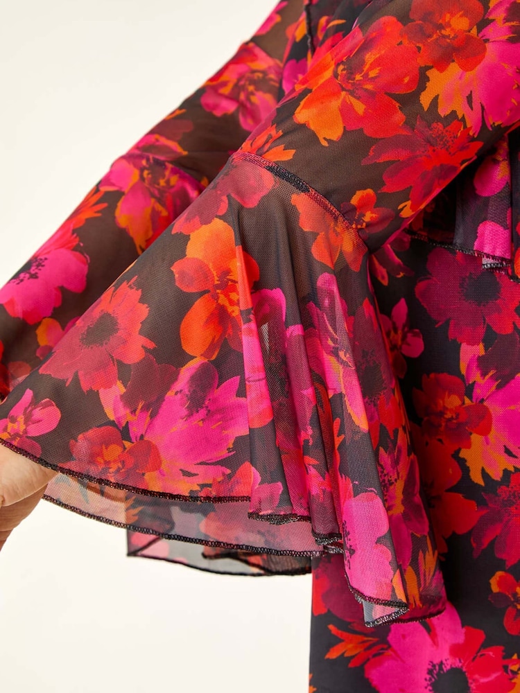Roman Pink Curve Floral Ruffle Mesh Blouse - Image 5 of 5