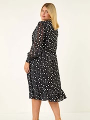 Roman Black Curve Polka Dot Midi Dress - Image 2 of 5