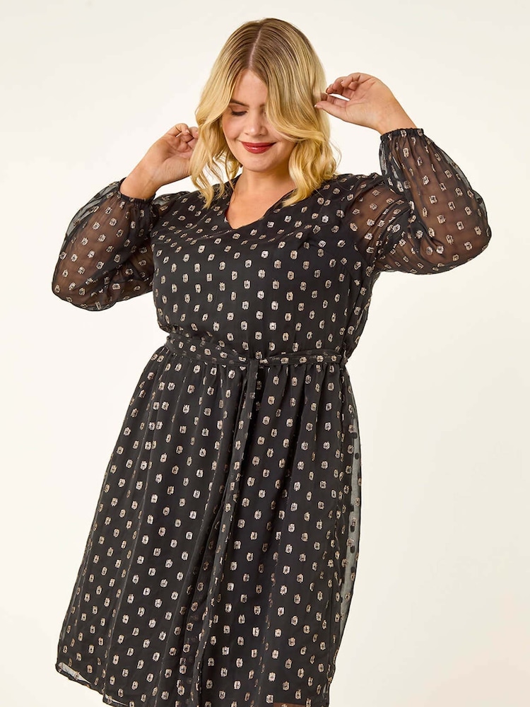 Roman Black Curve Polka Dot Midi Dress - Image 1 of 5 Roman Black Curve Polka Dot Midi Dress - Image 1 of 5