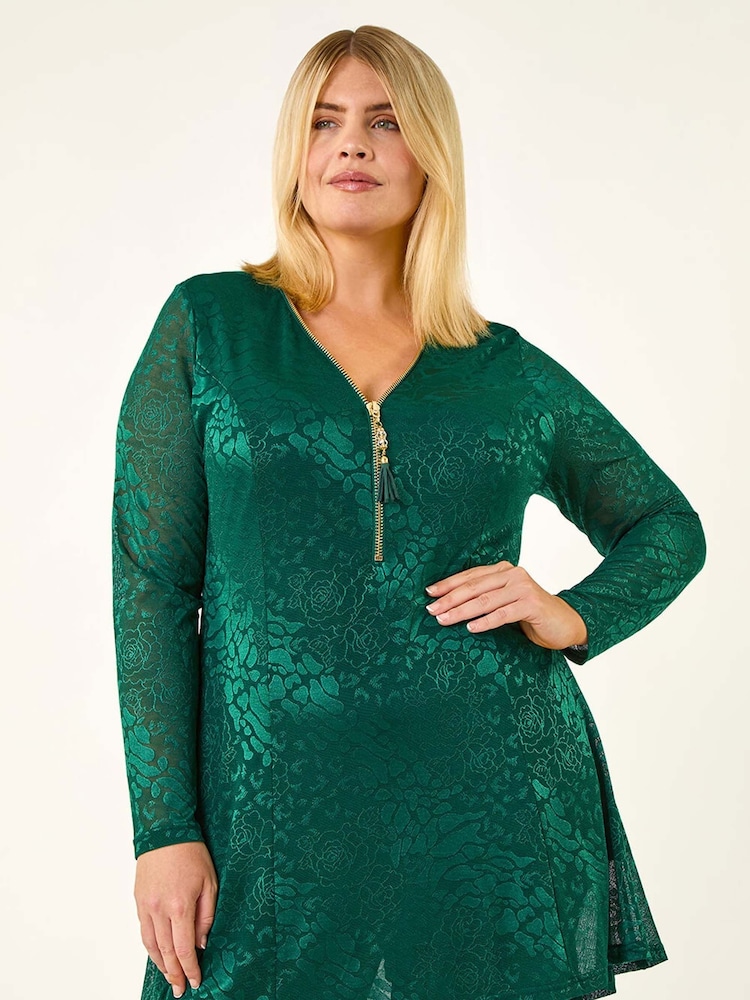 Roman Green Curve Zip Front Floral Lace Blouse - Image 2 of 5