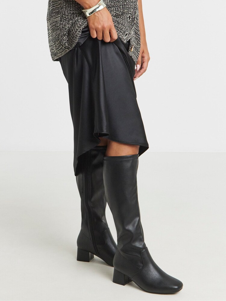 JD Williams Black Extra Wide Fit Low Block Heel Knee High Sock Boots - Image 1 of 4