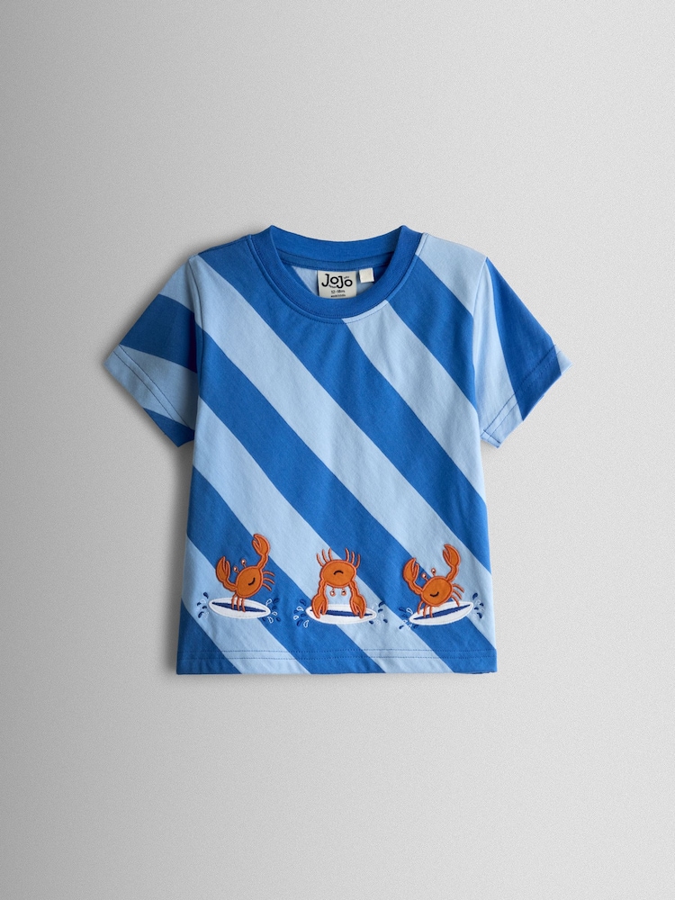 JoJo Maman Bébé Blue Surf's Up Crab Appliqué T-Shirt - Image 1 of 3