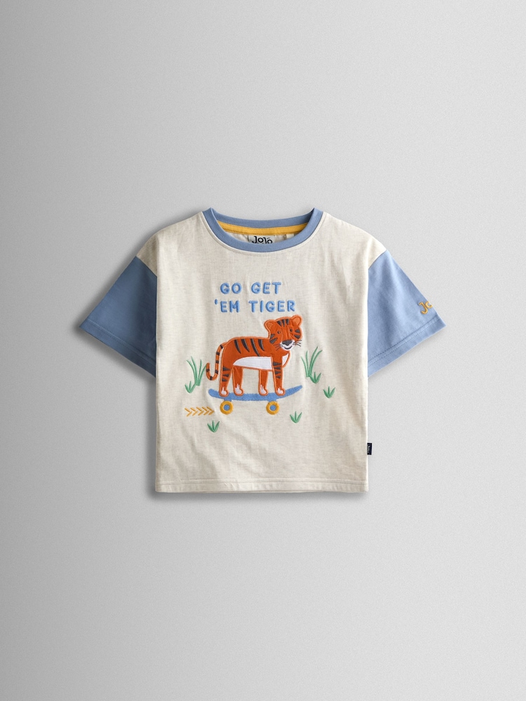JoJo Maman Bébé Oatmeal Tiger Character Appliqué T-Shirt - Image 1 of 3