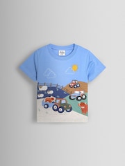 JoJo Maman Bébé Blue Farm Scene Interactive Appliqué T-Shirt - Image 1 of 3