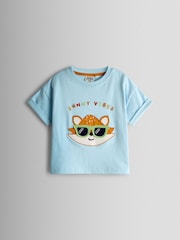 JoJo Maman Bébé Blue Fox Character Applique T-Shirt - Image 1 of 3