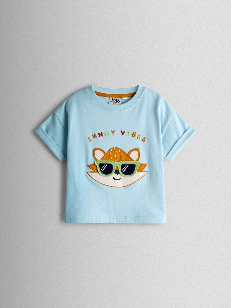 JoJo Maman Bébé Blue Fox Character Applique T-Shirt - Image 1 of 3