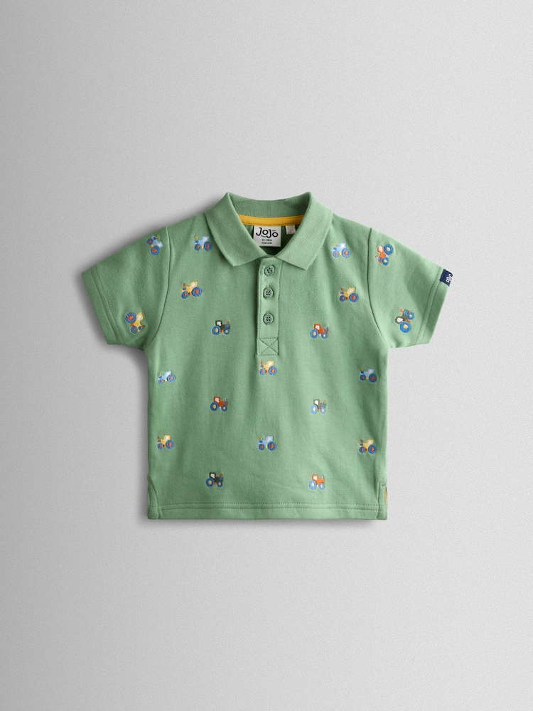 JoJo Maman Bébé Green Tractor Embroidered Polo Shirt - Image 1 of 4