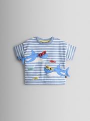 JoJo Maman Bébé Blue Stripe Shark Applique T-Shirt - Image 1 of 3