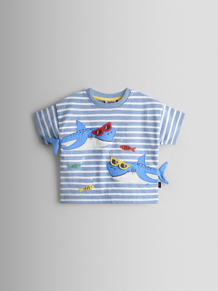 JoJo Maman Bébé Blue Stripe Shark Applique T-Shirt - Image 1 of 3
