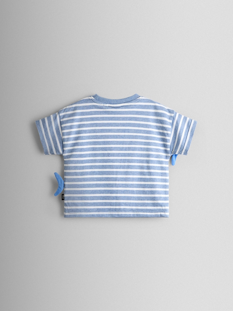 JoJo Maman Bébé Blue Stripe Shark Applique T-Shirt - Image 2 of 3