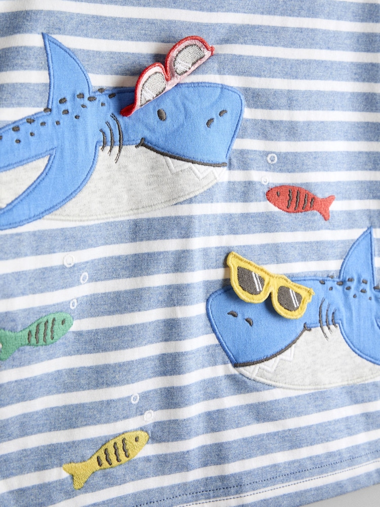 JoJo Maman Bébé Blue Stripe Shark Applique T-Shirt - Image 3 of 3
