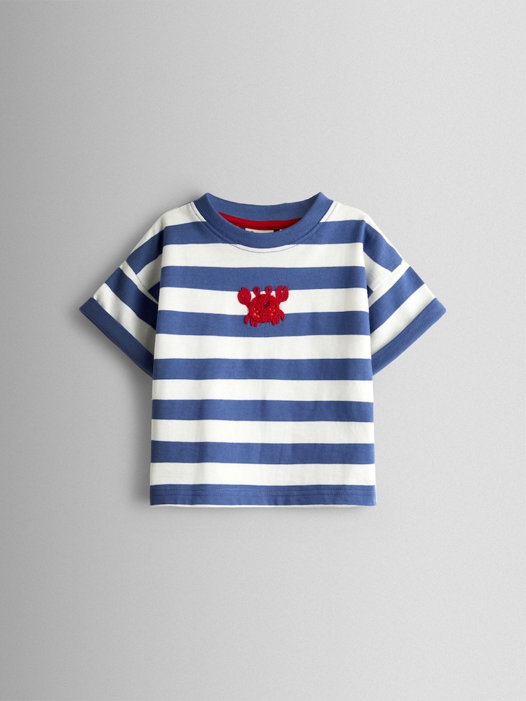 JoJo Maman Bébé Navy Blue Stripe Crab Bag Applique T-Shirt - Image 1 of 3 JoJo Maman Bébé Navy Blue Stripe Crab Bag Applique T-Shirt - Image 1 of 3