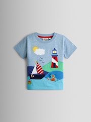 JoJo Maman Bébé Blue Lighthouse Appliqué T-Shirt - Image 1 of 3