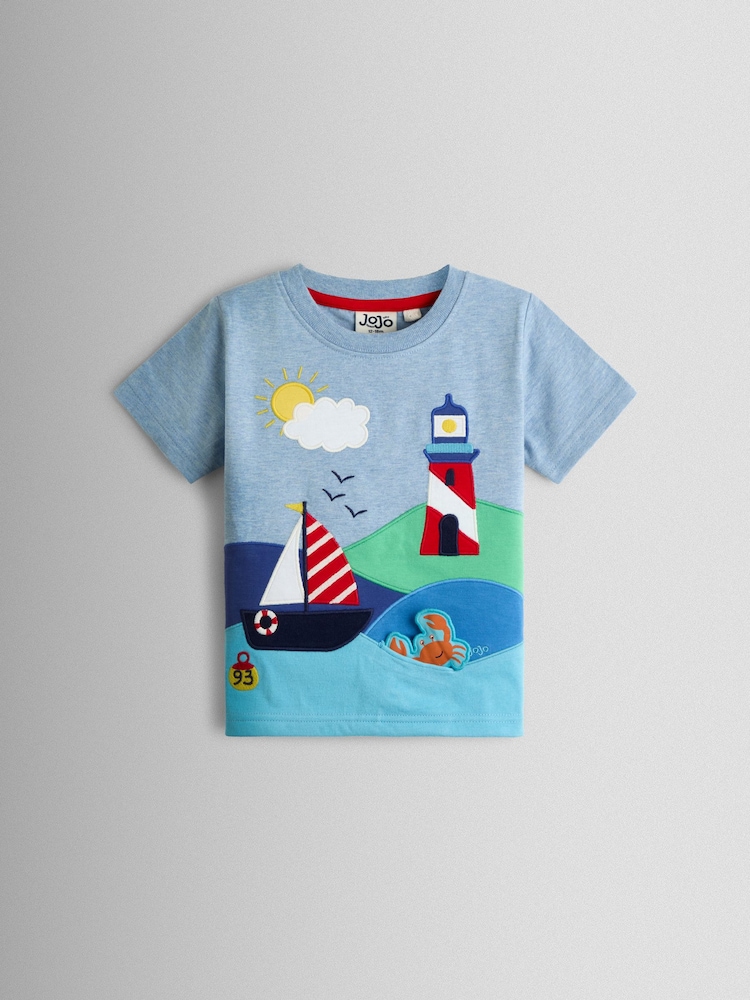 JoJo Maman Bébé Blue Lighthouse Appliqué T-Shirt - Image 1 of 3