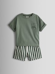 JoJo Maman Bébé Khaki Green Dino 2-Piece T-Shirt And Shorts Set - Image 1 of 7