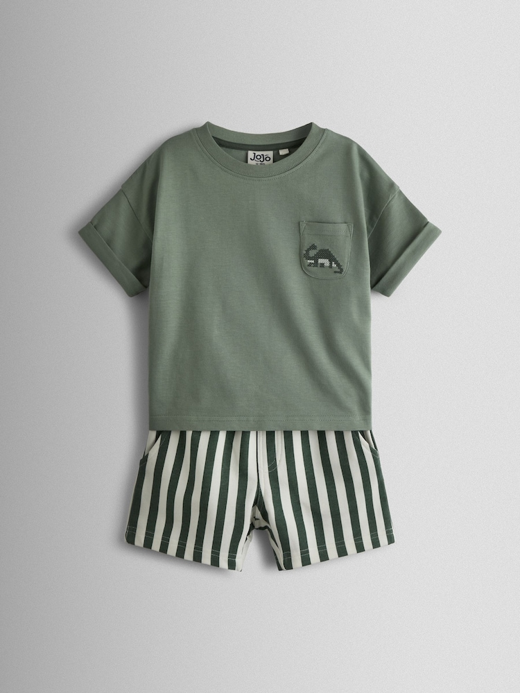 JoJo Maman Bébé Khaki Green Dino 2-Piece T-Shirt And Shorts Set - Image 1 of 7