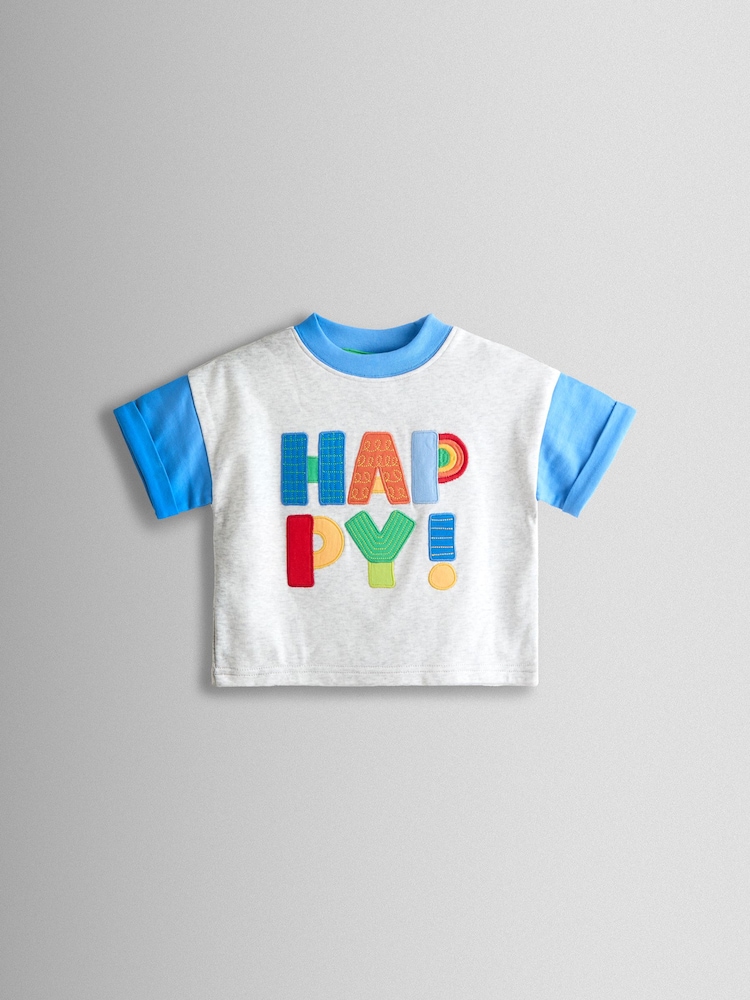 JoJo Maman Bébé Grey Happy Slogan Appliqué T-Shirt - Image 1 of 3