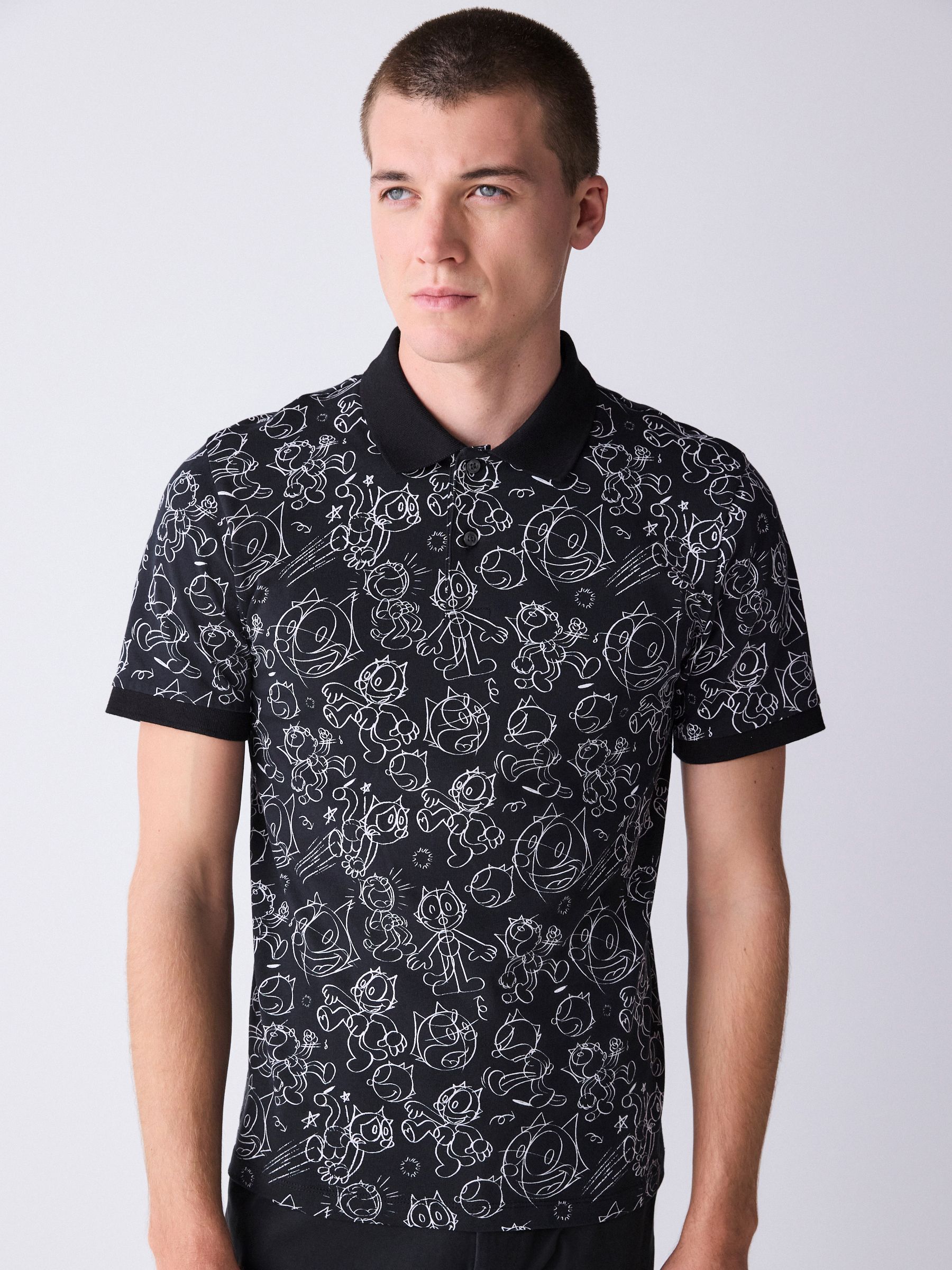 トップス graphics design polo shirt Buy Black/White Felix Short Sleeve Button Neck Pattern Polo Shirt