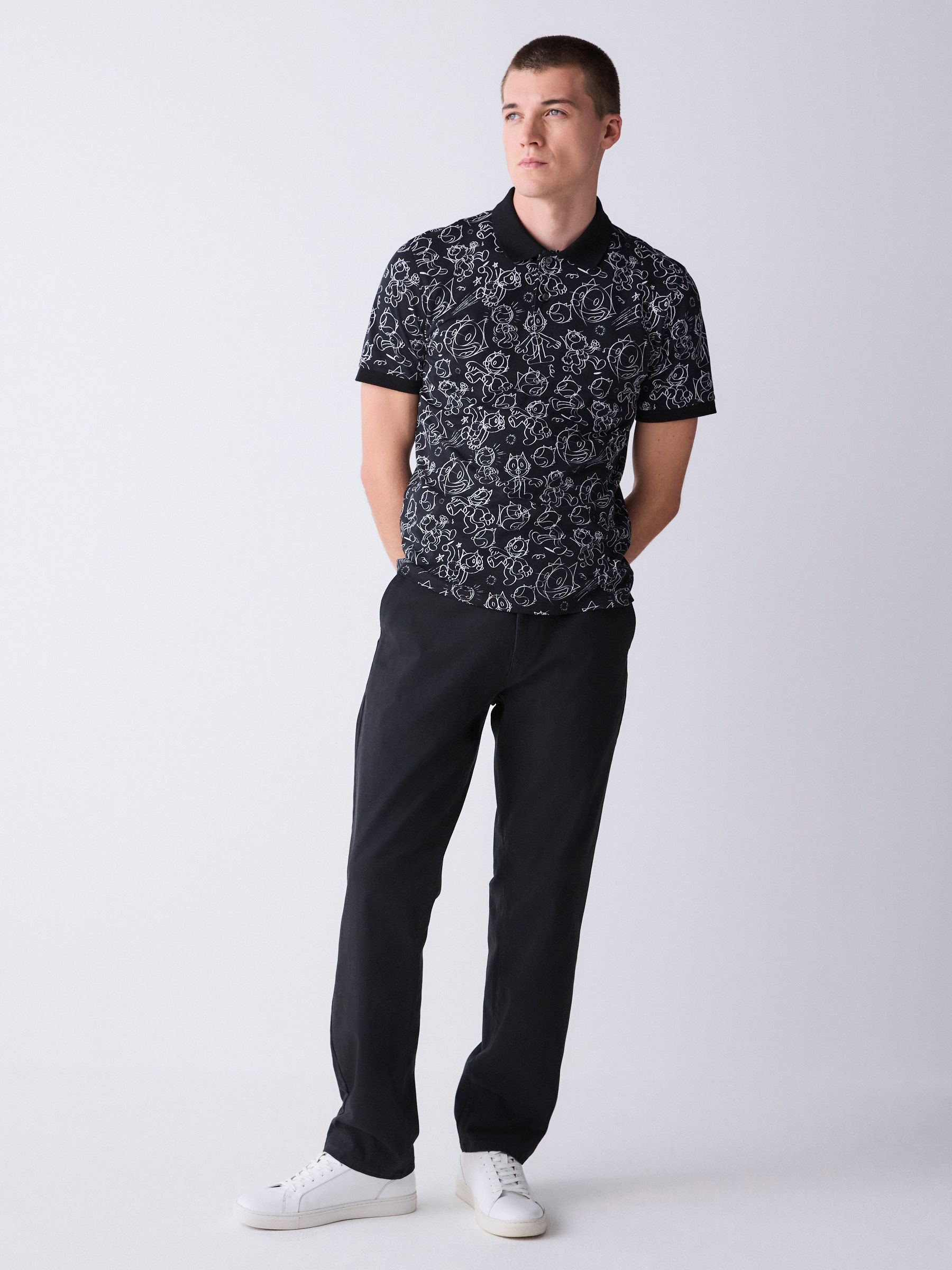 Buy Black/White Felix Short Sleeve Button Neck Pattern Polo Shirt