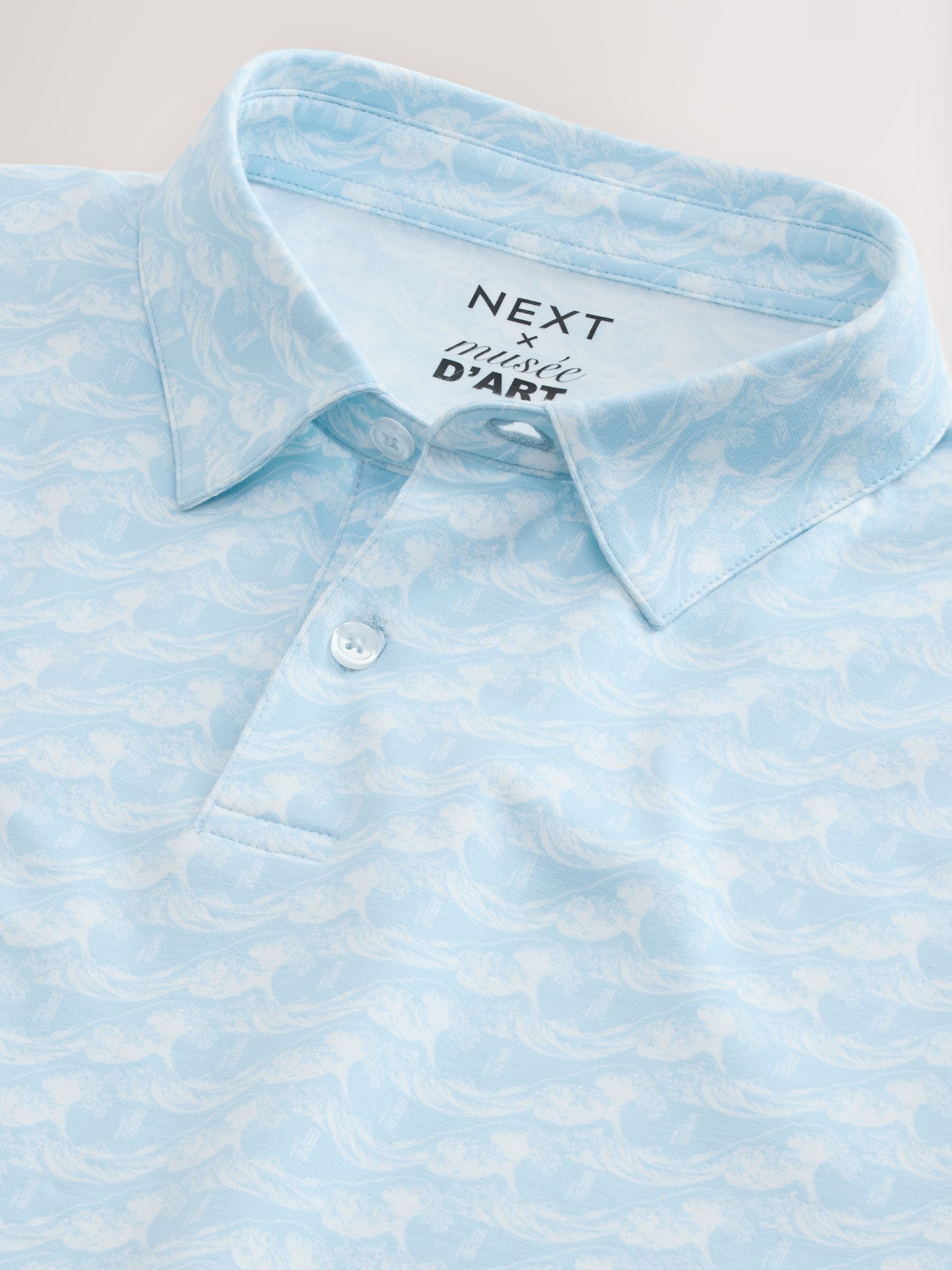 Buy Blue Hokusai Wave Short Sleeve Button Neck Pattern Polo Shirt