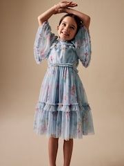 Light Blue Floral Angel Sleeve Mesh Occasion Dress (3-16yrs) - Image 1 of 9