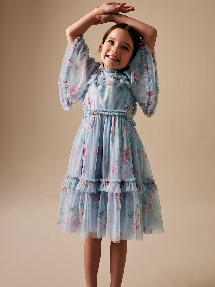 Light Blue Floral Angel Sleeve Mesh Occasion Dress (3-16yrs) - Image 1 of 9