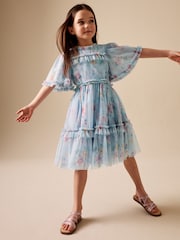 Light Blue Floral Angel Sleeve Mesh Occasion Dress (3-16yrs) - Image 2 of 9