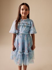 Light Blue Floral Angel Sleeve Mesh Occasion Dress (3-16yrs) - Image 3 of 9
