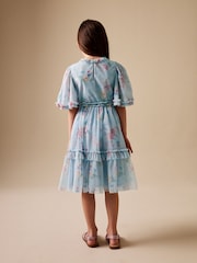 Light Blue Floral Angel Sleeve Mesh Occasion Dress (3-16yrs) - Image 4 of 9