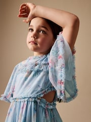 Light Blue Floral Angel Sleeve Mesh Occasion Dress (3-16yrs) - Image 5 of 9