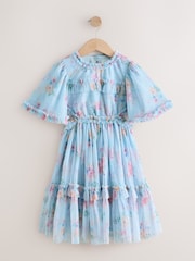 Light Blue Floral Angel Sleeve Mesh Occasion Dress (3-16yrs) - Image 6 of 9