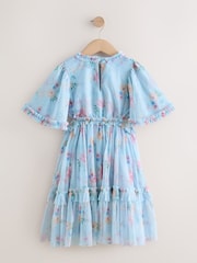 Light Blue Floral Angel Sleeve Mesh Occasion Dress (3-16yrs) - Image 7 of 9