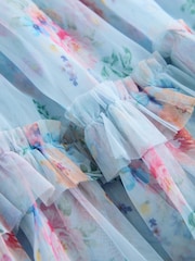 Light Blue Floral Angel Sleeve Mesh Occasion Dress (3-16yrs) - Image 8 of 9