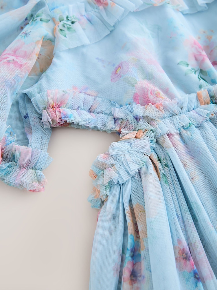 Light Blue Floral Angel Sleeve Mesh Occasion Dress (3-16yrs) - Image 9 of 9