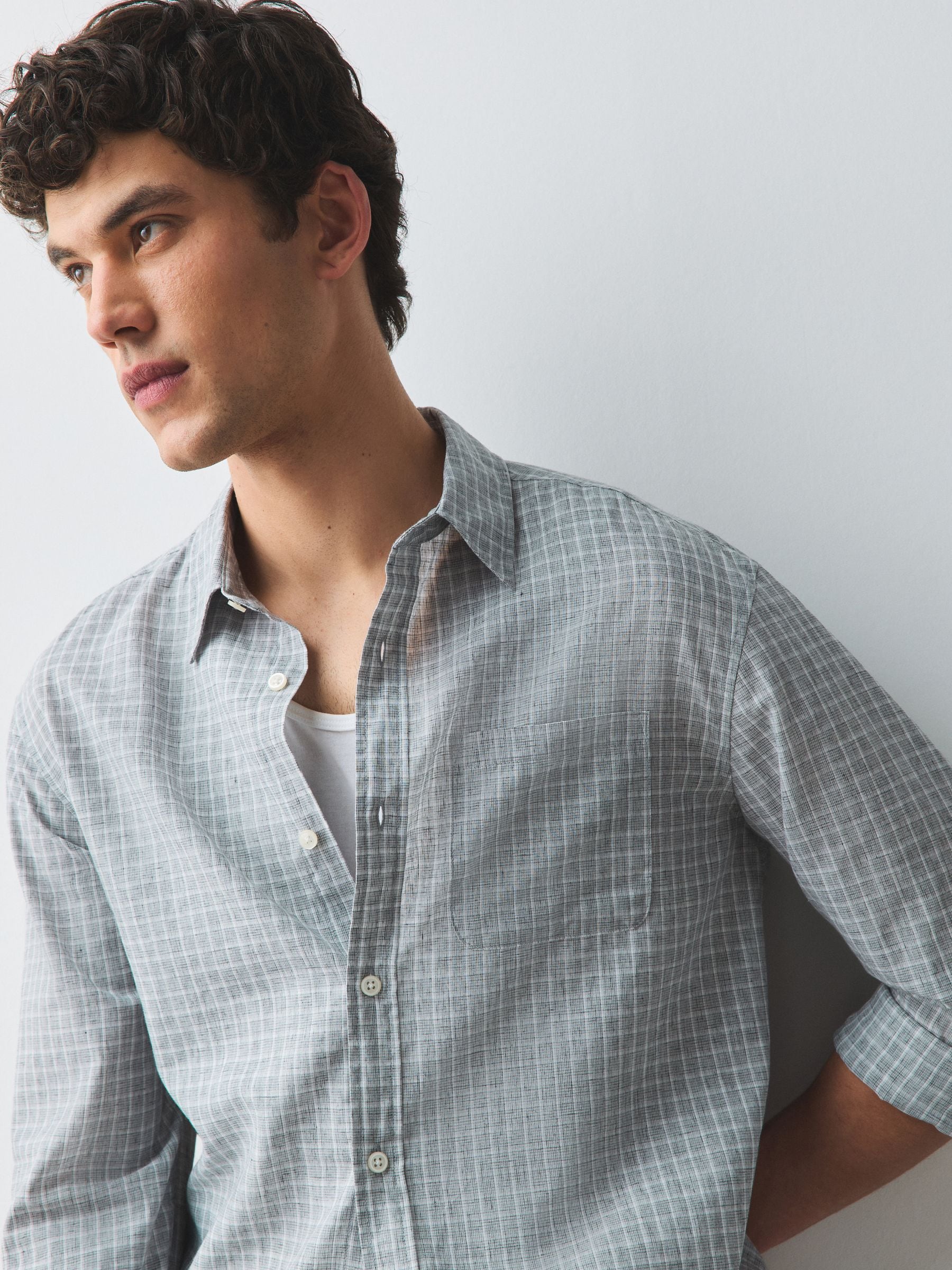 Buy Grey - Relaxed Fit Micro Check Long Sleeve Shirt from Next Japan