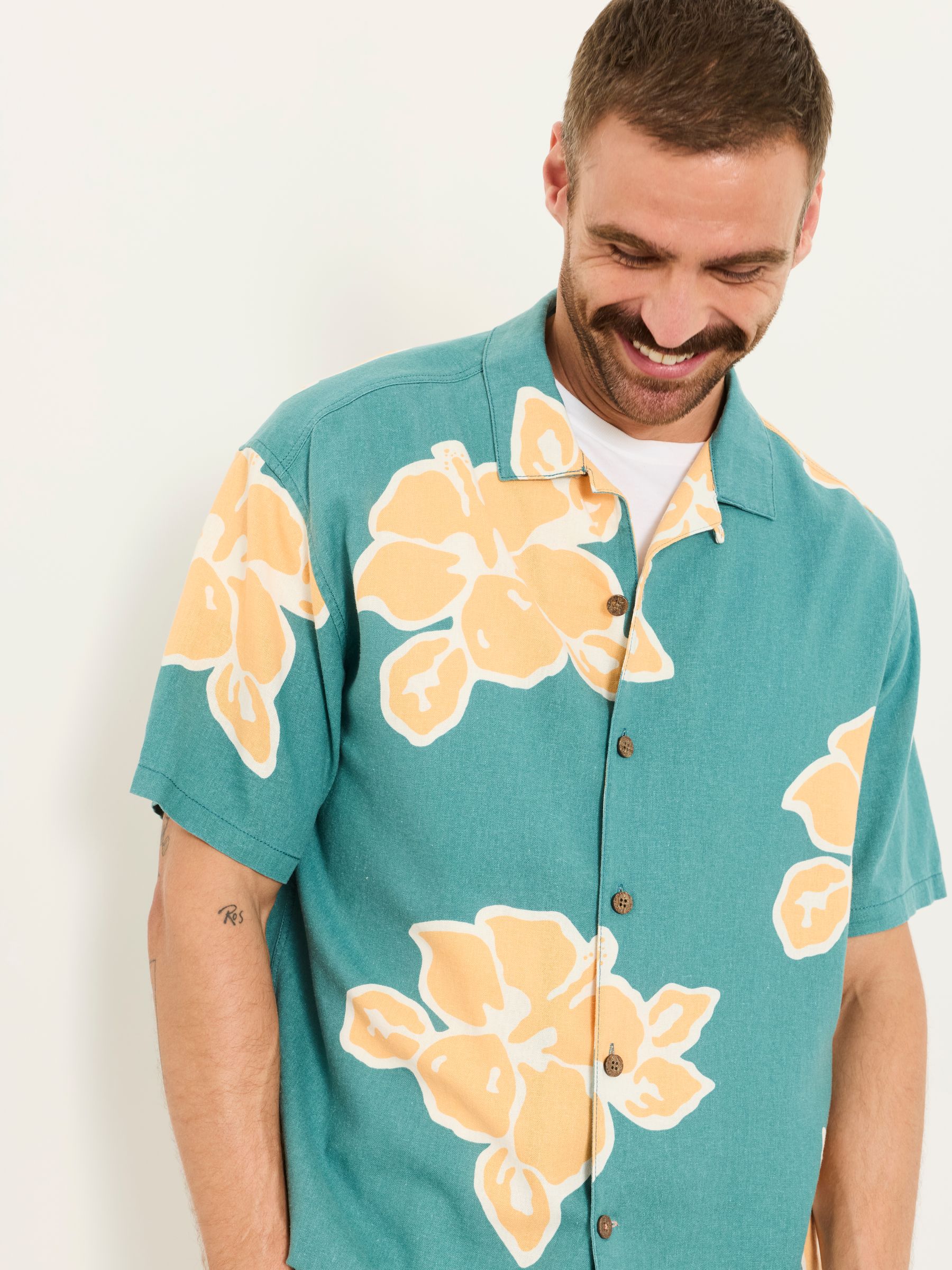 Fatface Men's Green Short Sleeve Relaxed Fit Large Hawaiian Floral Shirt