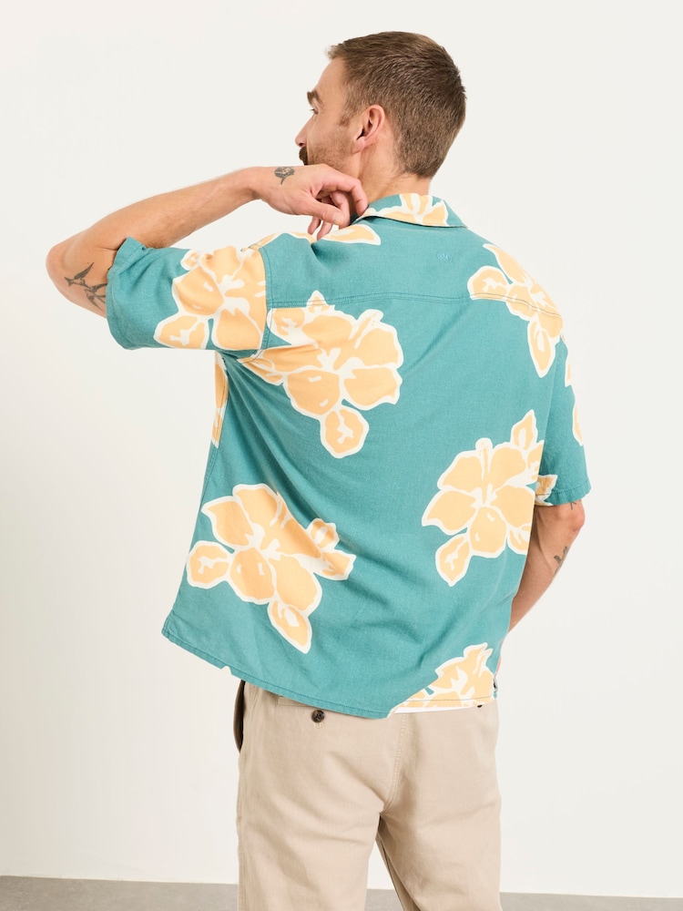 FatFace Green Short Sleeve Relaxed Fit Large Hawaiian Floral Shirt - Image 2 of 6