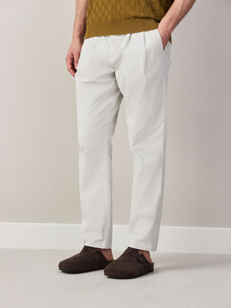 Bone White Regular Tapered Fit Summerweight Twin Pleat Chino Trousers - Image 1 of 12