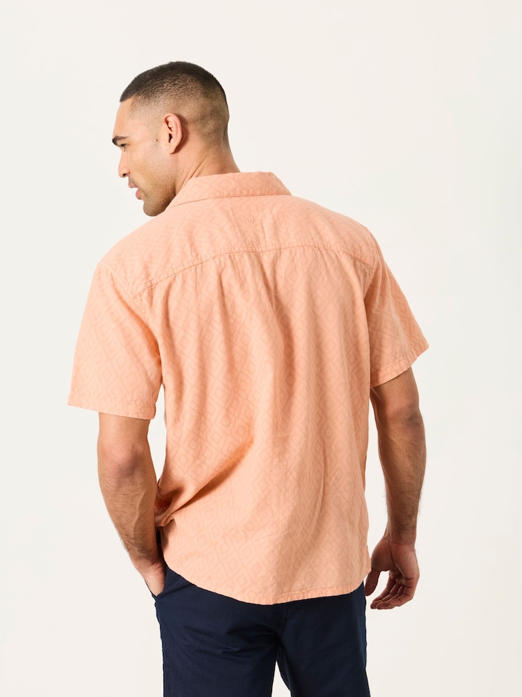 FatFace Coral Pink Short Sleeve Relaxed Fit Garment Dye Geo Textured Shirt - Image 2 of 5