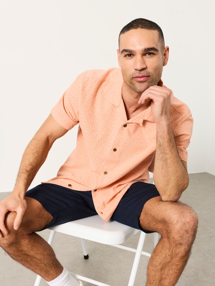 FatFace Coral Pink Short Sleeve Relaxed Fit Garment Dye Geo Textured Shirt - Image 5 of 5