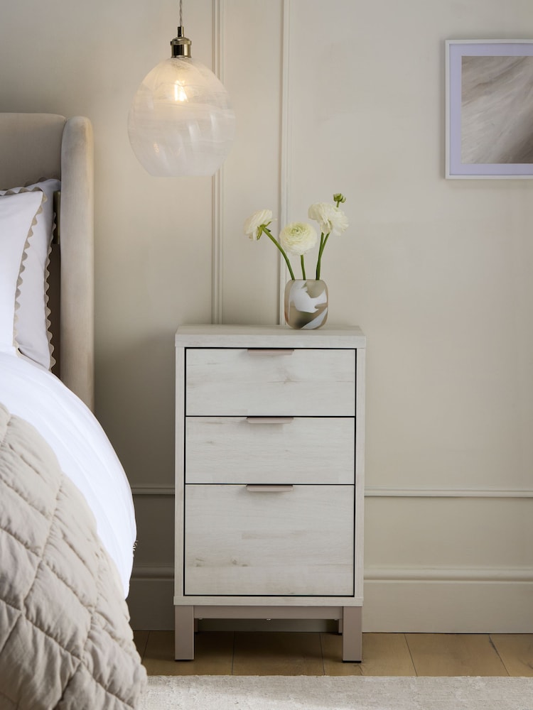 White Bronx Oak Effect 3 Drawer Bedside Table - Image 1 of 9
