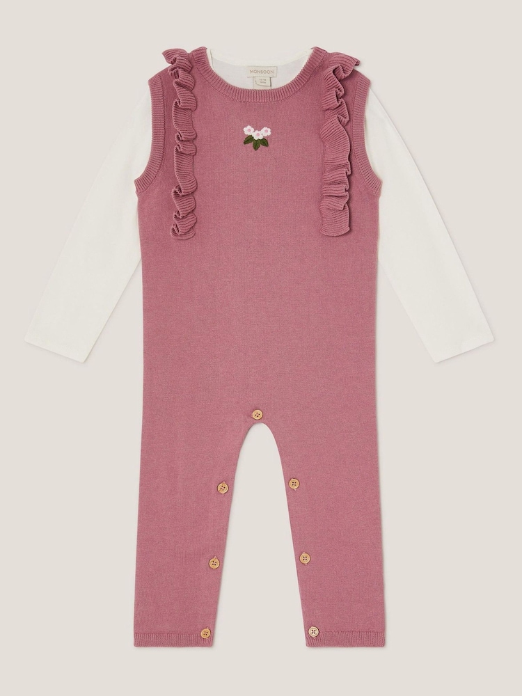 Monsoon Pink Baby Top and Knit Dungarees Set - Image 1 of 3